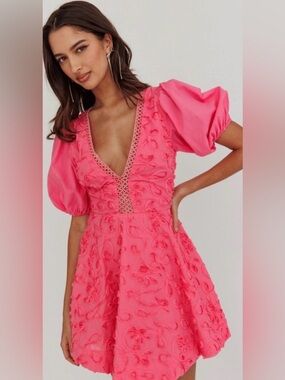 Angel Biba Hot Pink Mini Dress with Puff Sleeves